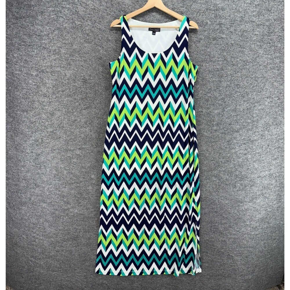 Jessica Howard Dress Women L Large Green Striped Maxi Long Sleeveless Lined